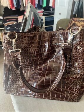 Croc-Embossed Shiny Brown Tote with Silver Hardware